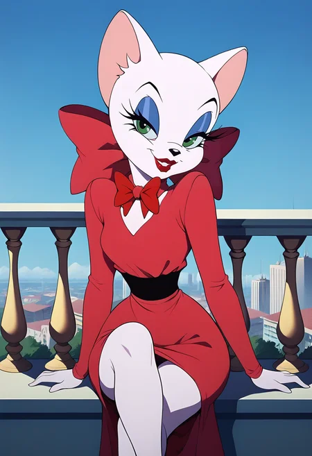 score_9, score_8_up, score_7_up,score_6_up, source_anime,g4n1m3, <lora:g4n1m3XLP:1>
BREAK
toodles galore, furry, cat, white fut,neck_bow, red lips, makeup, green eyes,  city, balcony, sitting, looking at viewer, smirk, narrow waist, crossed legs, <lora:toodles:0.8>