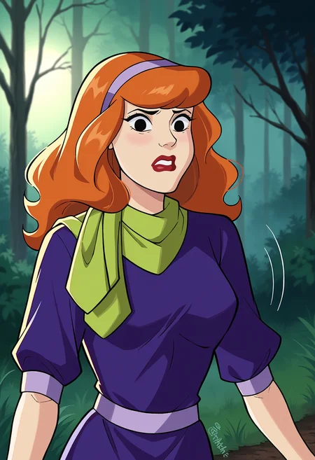 score_9, score_8_up,score_7_up, source_anime, 1girl, solo, <lora:EPsbdDaphne:1>, EPsbdDaphne, orange hair, long hair, black eyes, purple hairband, green scarf, purple dress, upper body, motion lines, motion lines, blurry background, makeup, red lips, 1980s \(style\), retro artstyle, outdoors, forest, night, scared, running, fog, horror \(theme\),