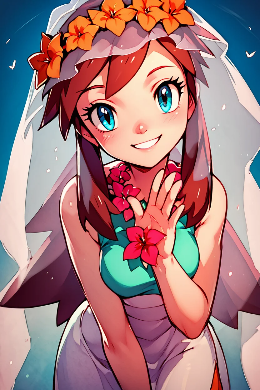 score_9, score_8_up, score_8, medium breasts, (curvy), cute, eyelashes, BREAK, , zzMelody, dress, bridal veil, sleeveless, <lora:Melody_Pokemon_PDXL:1.0>, , BREAK, looking at viewer, smile, waving, upper body, leaning forward, head tilt, embedding:zPDXL, Expressiveh, <lora:CatalystStylePDXL:0.6>, <lora:SDXLFaeTastic2400:0.5>, <lora:Expressive_H-000001:0.4>,