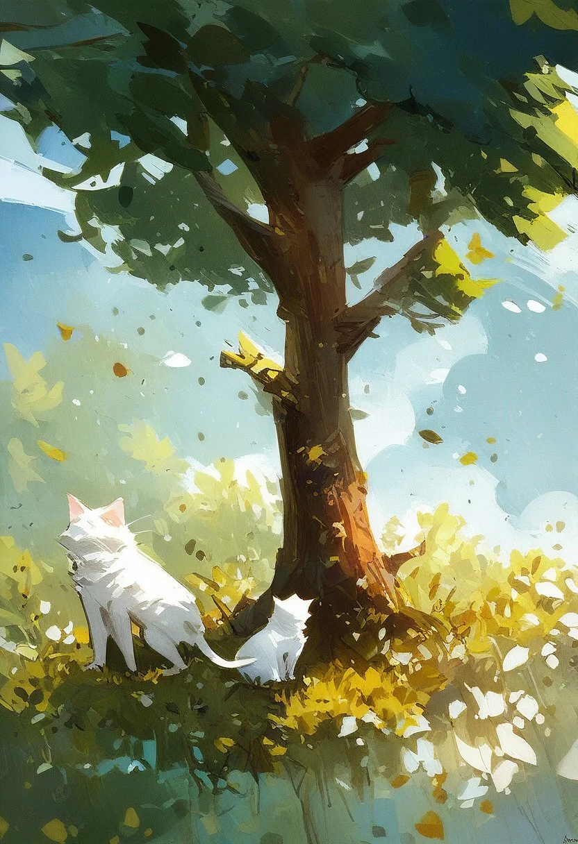 score_9, score_8_up,score_7_up, score_6_up, score_5_up, score_4_up, watercolor painting,((White cat)),sitting under a maple tree, leaves falling, dreamy