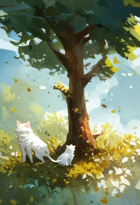 score_9, score_8_up,score_7_up, score_6_up, score_5_up, score_4_up, watercolor painting,((White cat)),sitting under a maple tree, leaves falling, dreamy