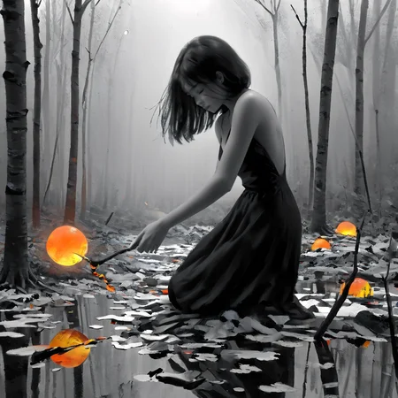a subject and environment evoking the concept of the hidden magic she discovered, <lora:wlop_v1.2:0.7> impasto, wlop, solo, internationally-acclaimed digital artwork, absurdres, masterpiece, <lora:WLOP_illustration_style_XL:0.5>, WLOP_illustration_style,, a color splash photograph, (focal object in one vibrant color:1.5) in an otherwise black and white setting, highlighting the contrast and focus. Rule of thirds composition, style of Nico Goodden, style of Martin Grischke