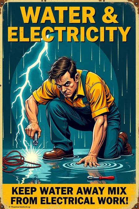 "Vintage safety poster cartoon depicting a worker foolishly attempting to repair electrical wiring while knee-deep in a puddle of water, rain pouring down around him and lightning flashing dramatically in the background. He's holding a wrench and screwdriver, with exposed, sparking wires dangerously close to the water. His hair is standing on end, and a comical skull and crossbones appears momentarily above his head as electricity crackles around him. The sign text in vintage font screams: 'WATER & ELECTRICITY: A SHOCKINGLY BAD MIX! KEEP WATER AWAY FROM ELECTRICAL WORK!' Render in a high-contrast, vintage cartoon style, using dramatic shadows and bright flashes of electricity to emphasize the danger. Utilize a palette of electric blue, warning yellow, and stark black to create visual impact. Visually stunning vintage cartoon, impactful safety message, high detail in rain effects, electrical sparks, and the worker's foolish actions." <lora:REMEs_War_Poster_Style:0.9> In REME's War Poster Style,âââ