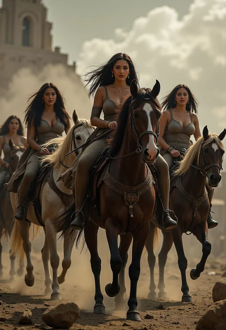 four beautiful women on horses representing the four horsemen of the apocalypse. A dystopian scene as the women ride the horses.