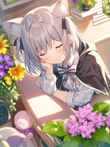1girl,solo,cat ears,animal ear fluff,hair ribbon,grey hair,short hair,two side up,bangs,hair between eyes,eyebrows visible through hair,blush,closed mouth,pink nail polish,white shirt,collared shirt,center frills,bowtie,striped bow,black cape,blue skirt,frilled skirt,
sleeping,closed eyes,closed mouth,head rest,smile,
indoors,desk,window,window blinds,pink flower,brick wall,plant,yellow flower,flower,potted plant,flower pot,hanging plant,purple flower,stuffed toy,light particles,shelf,sunlight,
from above,
<lora:ag31-sakurapion_1-000036:1>,