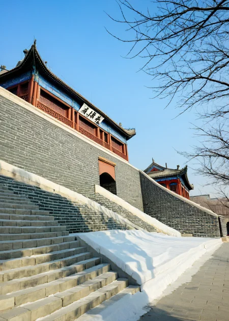 <lora:å±±æµ·å³:1>,Shanhai Pass,scenery,outdoors,sky,tree,blue sky,stairs,building,architecture,day,snow,shadow,bare tree,east asian architecture,solo,silhouette,no humans,winter,road,brick wall,, masterpiece, best quality,