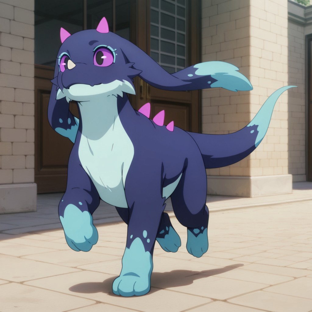 masterpiece, best quality, amazing quality,Feirunespdril, feral, female, earth wyrm, white nose horn, two-tone fur, dark blue fur, light blue fur, long ears, pink horns, purple sclera, black eyes, running, outside, full body,