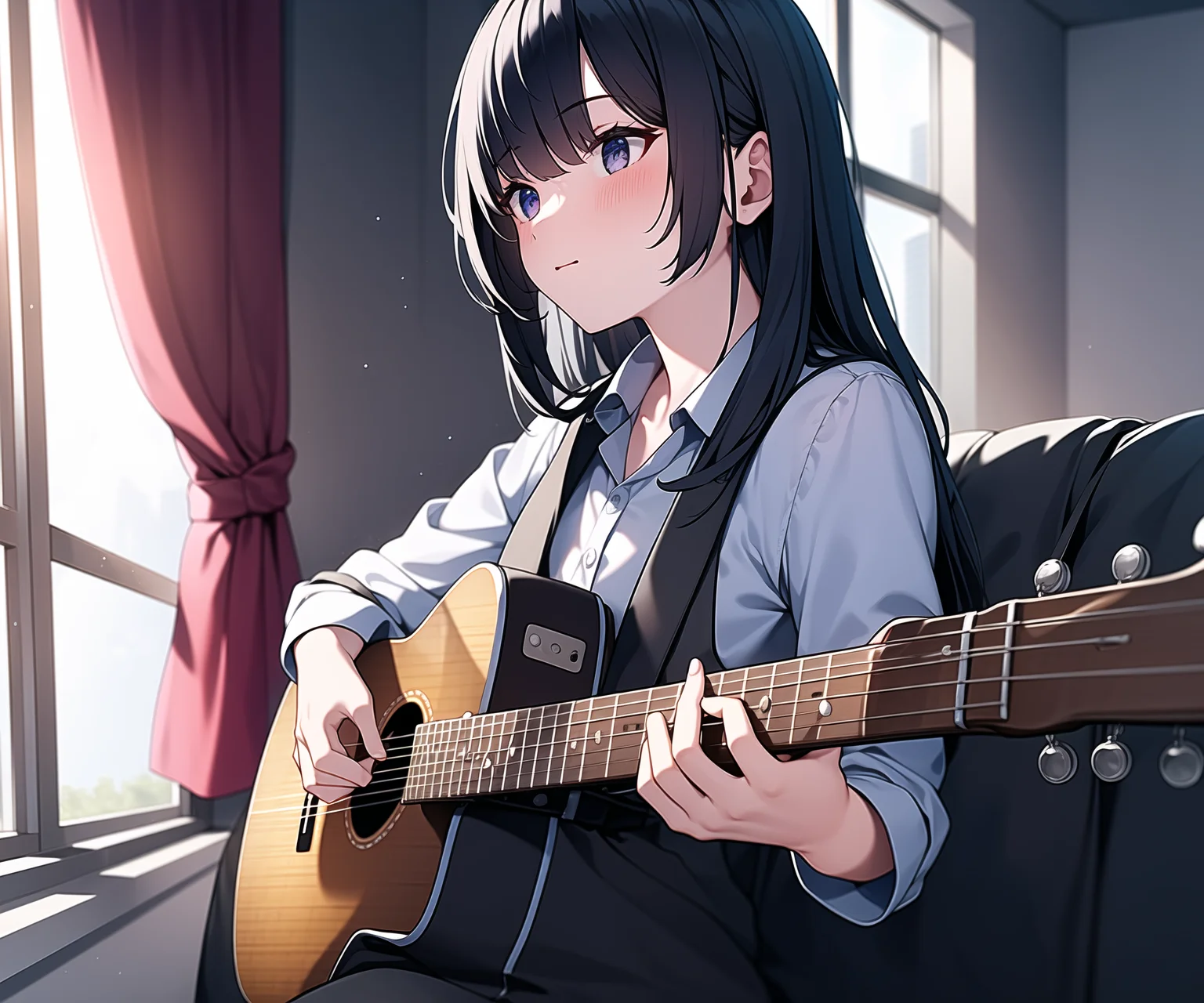<lora:Something:0.8>, girl playing guitar in an early morning apartment, dust particles, godrays shining through window,