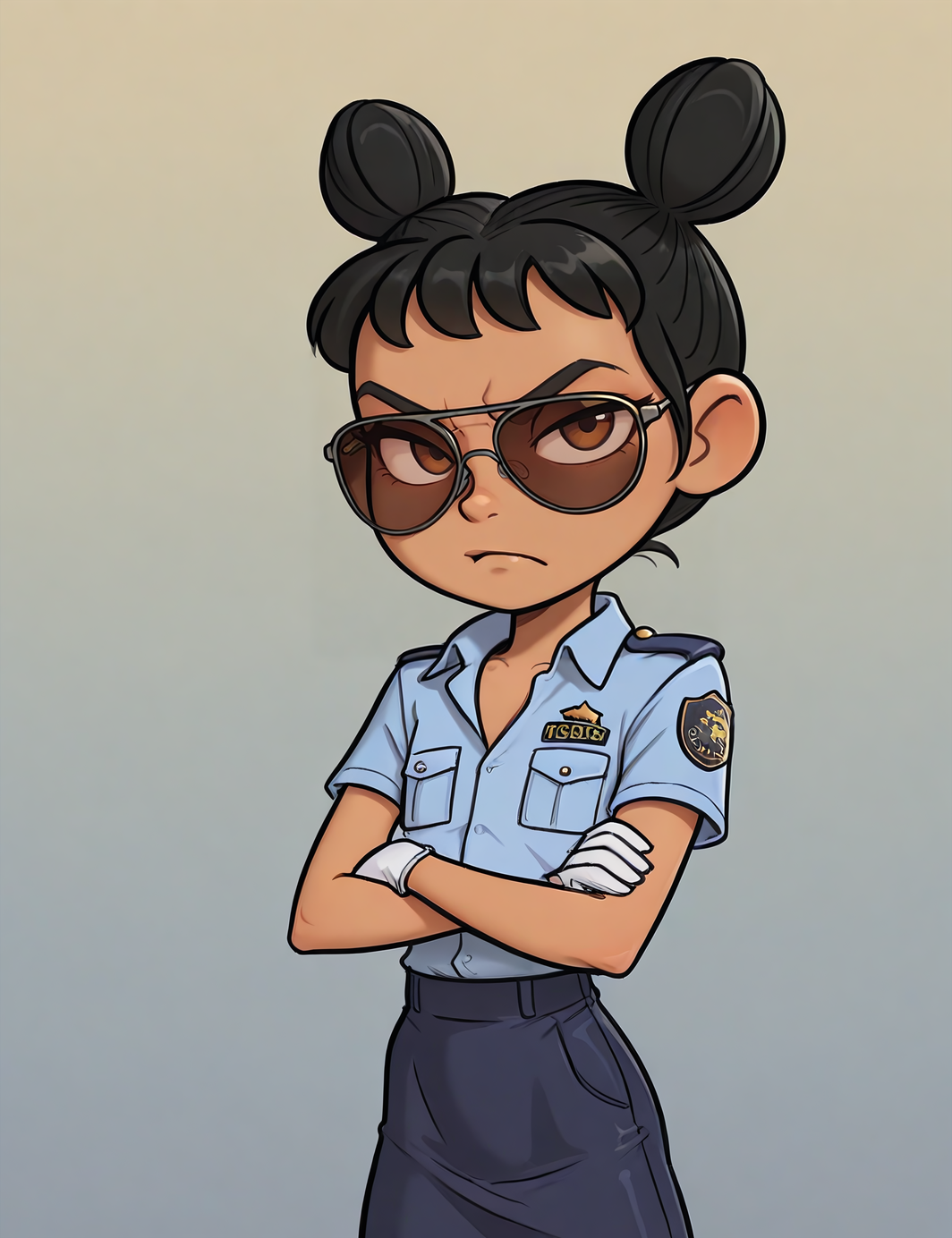 masterpiece, best quality, absurdres, 
 <lora:AshiHoIllustrious1.2:1> ashiho, black hair, short hair, double bun, brown eyes,
skinny, 
1girl, policewoman, aviator sunglasses, blue collared shirt, dark blue skirt, white gloves, crossed arms, annoyed, looking at viewer, solo,
abstract background, gradient background,