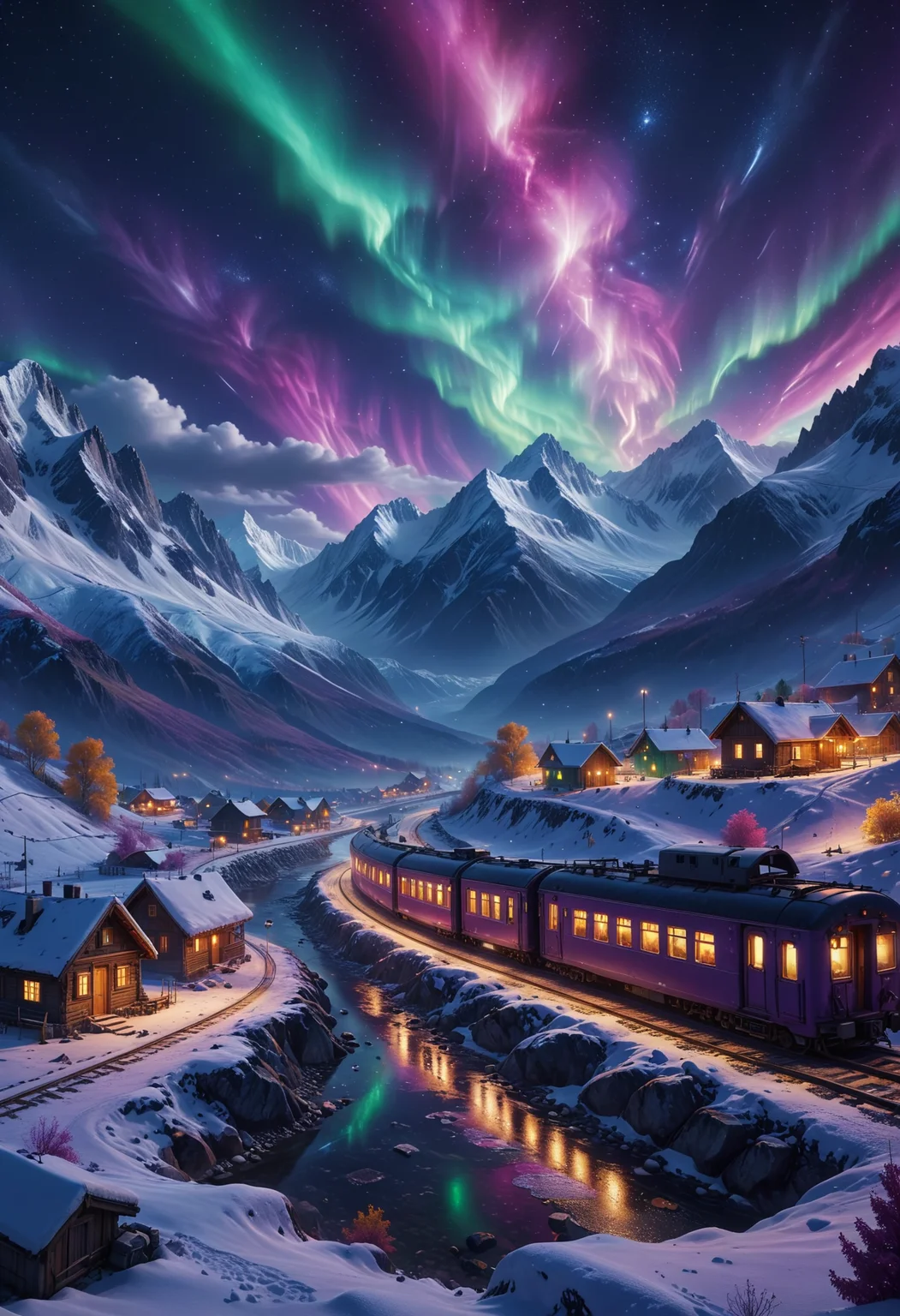 Purple aurora above the white snow mountains, cars, trains, people, houses, villages, sheds, snow mountains, rivers, snowstorms, fireworks in the world, starry sky, colorful stars flashing, Unreal engine, 4K HD 8K,
<lora:add-detail-xl:0.35> <lora:MJ52:0.18> <lora:ral-anmwrlds-sdxl:0.3> ral-anmwrlds <lora:ral-porcelain:0.4> ral-porcelain <lora:ral-cltc:0.1> ral-cltc <lora:ral-dissolve:0.25> ral-dissolve <lora:zavy-mthcl-sdxl:0.2> <lora:SDXLFaeTastic2400:0.2> <lora:WildcardX-XL-Detail-Enhancer:0.5>