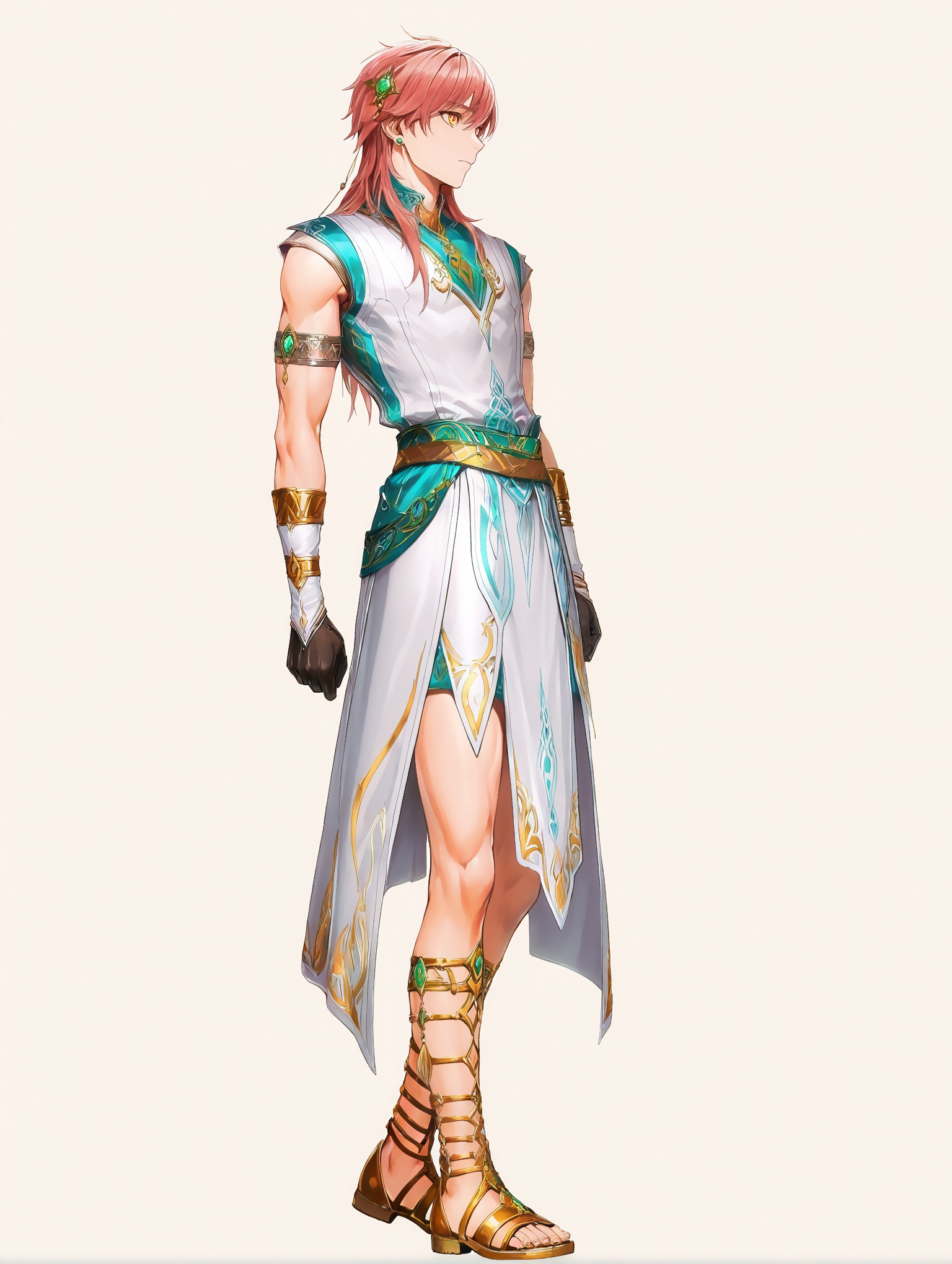 masterpiece, very aesthetic, best quality, amazing quality, solo, imtdkonghongjun, 1boy, male, standing, jewelry, pink hair, long hair, earrings, yellow eyes, hair ornament, sleeveless, long tunic, bangs, sandals, golden sandals, gloves, gem, simple background, fit body, toned, tunic
