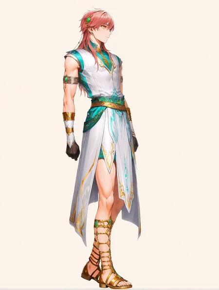 masterpiece, very aesthetic, best quality, amazing quality, solo, imtdkonghongjun, 1boy, male, standing, jewelry, pink hair, long hair, earrings, yellow eyes, hair ornament, sleeveless, long tunic, bangs, sandals, golden sandals, gloves, gem, simple background, fit body, toned, tunic
