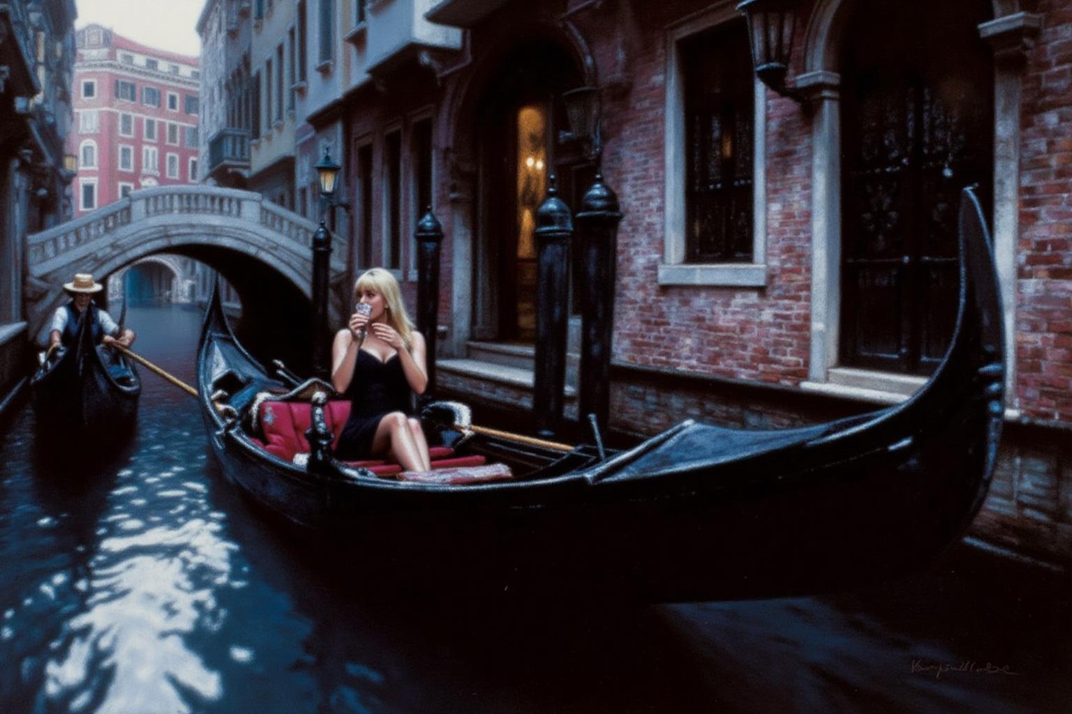 chenyifei2 painting of a blonde woman sitting in a gondola as it glides along a narrow canal. She is dress in a black little dress and driking champain. There is a gondolier wearing a boater hat guiding the gondola. <lora:chenyifei2_cap_d6a3:1.0><lora:839849716503183252:0>