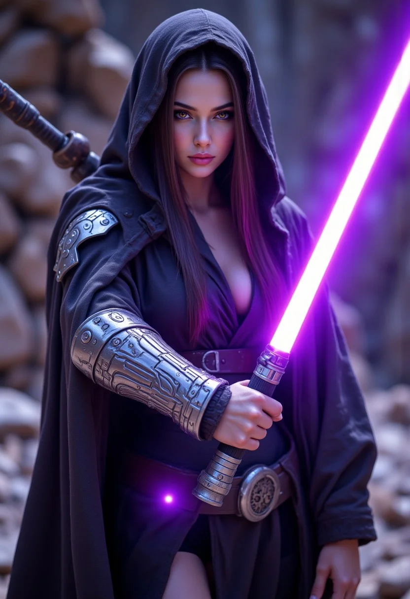 realistic, PHOTOREALISTIC, ((perfect anatomy)), (futuristic warrior with purple lightsaber:1.3), ((sexy dynamic pose:1.3)), 25 years old, perfect quality, high quality, wielding a purple lightsaber, (sci-fi, star wars, jedi knight), Jaina solo, big brown eyes, dark brown hair, long straight intricate hair, athletic female, ((fitness models, muscle detail, detailed muscle)), long athletic muscular legs, athletic round muscular butt, athletic hips, perfect breasts, perfect body, epic, long hair, intricate hairstyle, cute, cropped body, soft skin, soft skin, textured skin ,shining glossy skin, soft abs, athletic waist, (slender body), dynamic angle, dynamic, dynamic shot, sci-fi, futuristic, ((intricate transparent flowing sheer jedi robes showing sexy body underneath:1.2, armor parts on body:1.2, marble armor:1.2, greave, boots)), glowing runic tattoos on body:1.3, Expressiveh, (volumetric lighting:1.2), cinematic, cinematic lighting, reflections, ultra hd, visual effects, graphic effects, ambient occlusion, raytracing, soft lighting, realistic, blum effect, masterpiece, absolutely eye-catching, particles, glow, shining, intricate cinematic background, (beautiful cute face), relaxing, undressing by fire pit after battle, close up, glad the viewer is safe, aidmaMJ6.1, aidmaimageupgrader, aidmaHyperrealism, aidmafluxpro1.1, Perfect hand, Detailed hand
