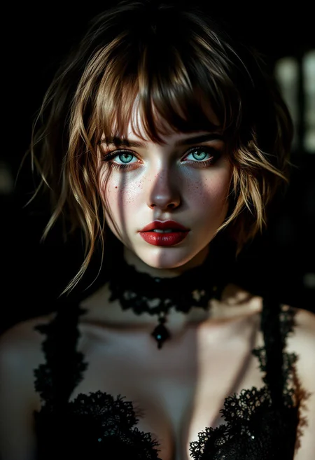 Photorealistic portrait of a young woman with a delicate, angular face featuring soft freckles across her nose and cheeks. She has a short, choppy light chestnut brown bob haircut with uneven bangs that frame her expressive, slightly downturned blue eyes. Her pale skin is accentuated by the contrast of light hitting one side of her face, leaving the other in shadow. lace choker,cleaveage, corset,seductive,sultry, seductive, blending gothic elegance with a soft, vulnerable expression. The background is silhouetted, creating a dramatic and mysterious atmosphere