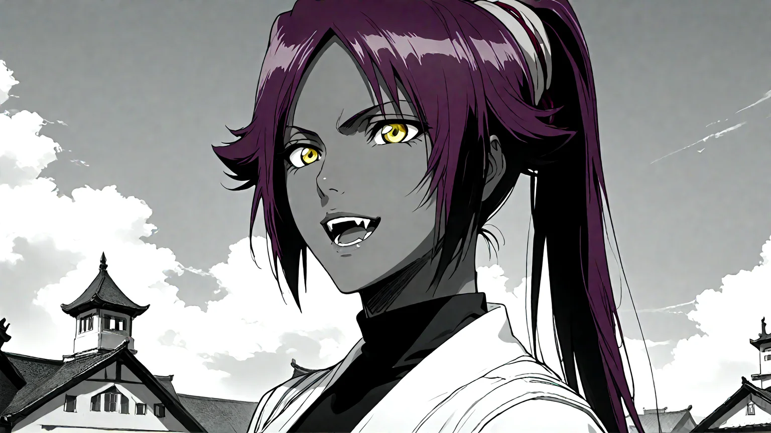 simple background, yoruichi shihouin,1girl,solo,dark-skinned female,dark skin,long hair,ponytail, greyscale, comic, open mouth smile, fangs, gold eyes,