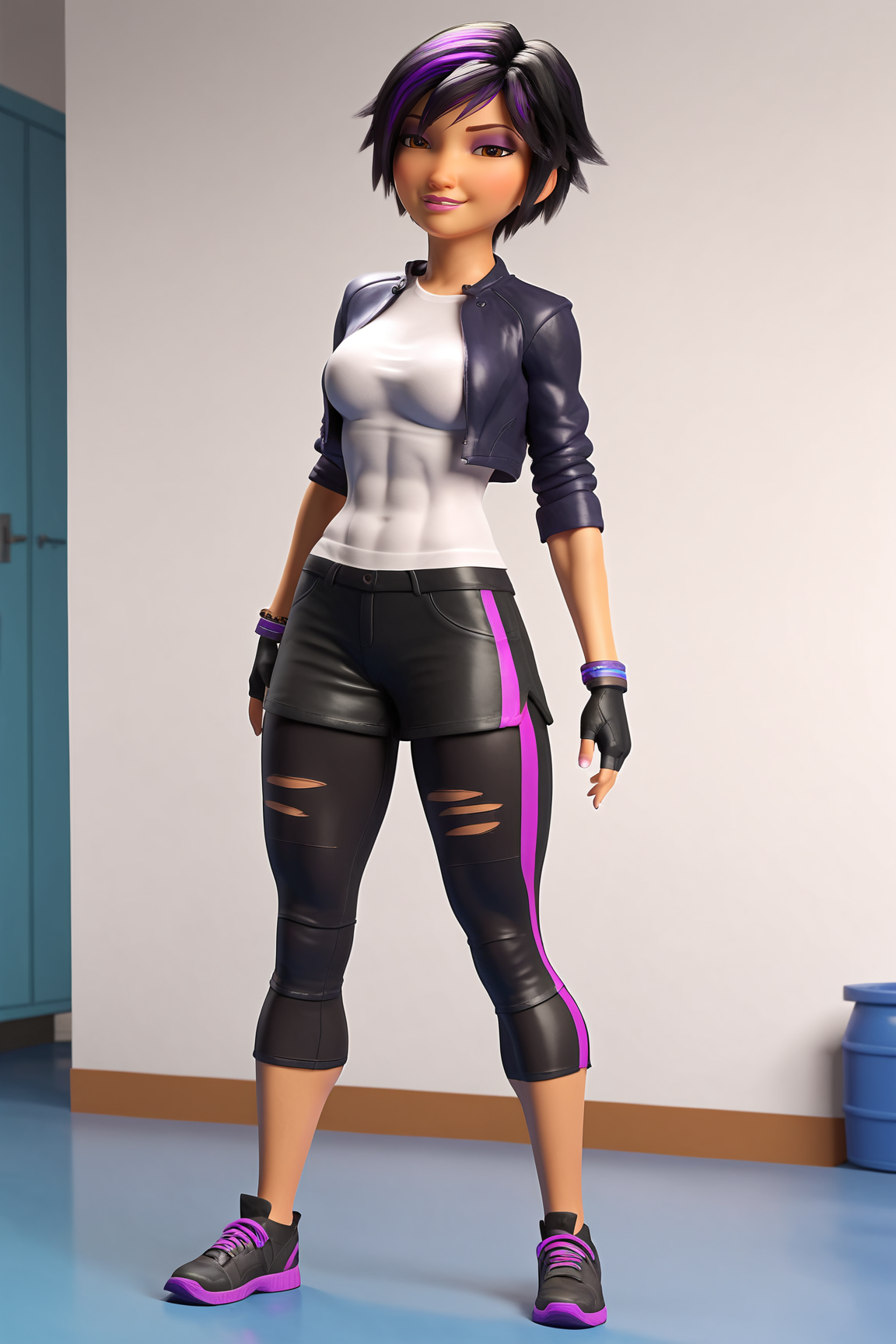 score_9, score_8_up, score_7_up, score_6_up, BREAK, GoGoTomagoBH6XL, purple eyeshadow, pink lips, brown eyes, black hair, purple hair, multicolored hair, short hair, streaked hair, medium breasts, open jacket, cropped jacket, black jacket, white shirt, black gloves, fingerless gloves, black shorts, capri pants, black shoes, solo, full body, standing, seductive smile, looking at viewer, indoors <lora:GoGoTomagoBH6XL:1>
