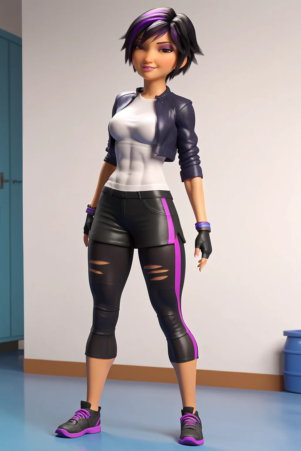 score_9, score_8_up, score_7_up, score_6_up, BREAK, GoGoTomagoBH6XL, purple eyeshadow, pink lips, brown eyes, black hair, purple hair, multicolored hair, short hair, streaked hair, medium breasts, open jacket, cropped jacket, black jacket, white shirt, black gloves, fingerless gloves, black shorts, capri pants, black shoes, solo, full body, standing, seductive smile, looking at viewer, indoors <lora:GoGoTomagoBH6XL:1>