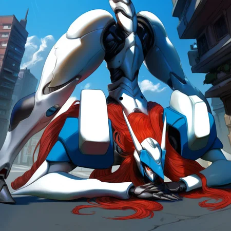 score_9, score_8_up, score_7_up, solo, (jack-o' challenge, top-down bottom-up, flexible, spread legs, front view), Expressiveh, ((5 fingers)) (JusticeGG, red hair, long hair, white body, robot, mecha, red sclera, no pupils, mechanical tail), close-up, street, buildings, morning, looking at viewer, detailed background, 4k, masterpiece, best quality, highly detailed, realistic, csr style