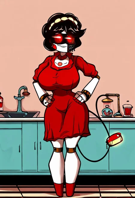 score_9, score_8_up, score_7_up, score_6_up, BREAK, mdv, dissasembly_drone, hands on hips, full body image, red dress, wide hips, smiling, sharp teeth, standing, solo, 1girl, Aria, red eyes, short black hair, white skin, robot, hairband, glowing eyes, Visor, Tail, large breasts, huge breasts, 50sk1t, retro kitchen