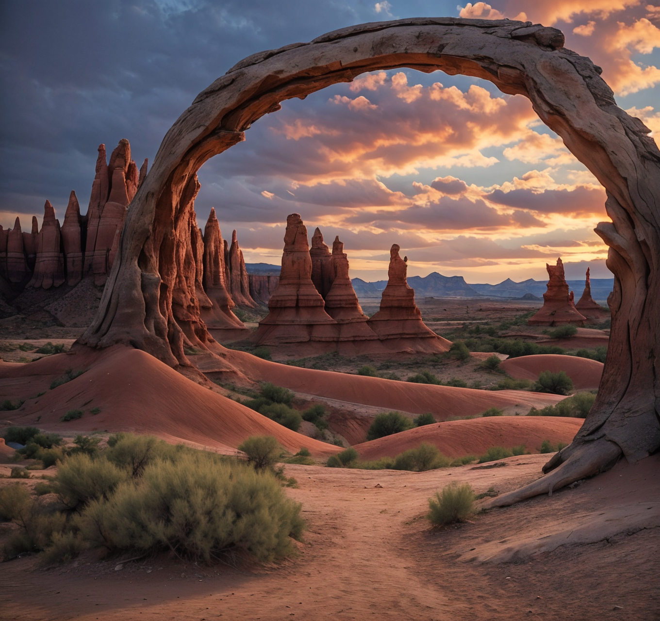 RAW photo, (masterpiece:1.3), subsurface scattering, heavy shadow, (high quality:1.4), (intricate, high detail:1.2), professional photography, HDR, High Dynamic Range, realistic, ultra realistic, photorealistic, high resolution, film photography, ambient lighting, atmospheric effects, <lora:detail_slider_v4:2>, OverallDetail,  <lora:Badlands:1>,arch, badlands, banner, blue sky, cloud, day, desert, dirt, grass, landscape, mountain, mountainous horizon, no humans, outdoors, planet, plant, realistic, red sky, river, rock, sand, scenery, sky, sunrise, tree stump