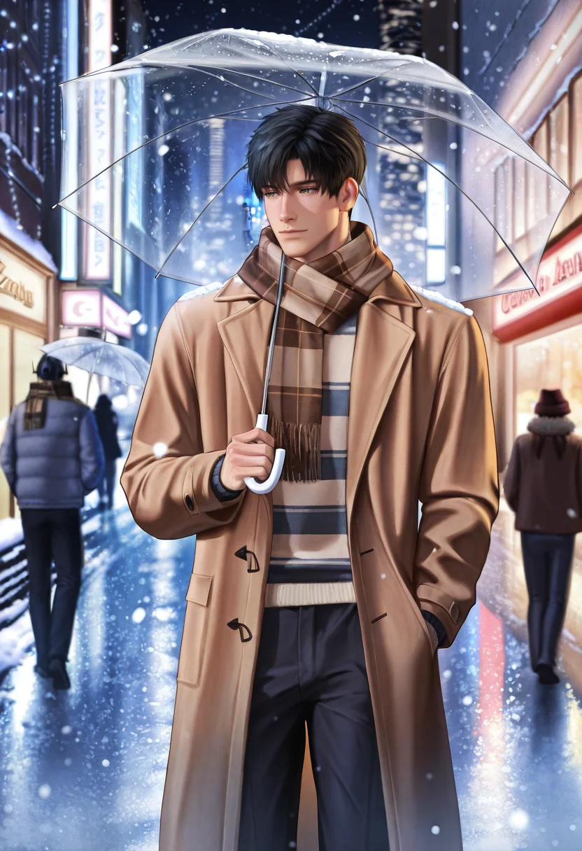 1boy, male focus, LADS_Zayne, LADS_Zayne_black_hair, LADS_Zayne_hazel_green_eyes, brown plaid scarf, wool overcoat, striped sweater, dark trousers, holding transparent umbrella, city street at night, festive lights, snow falling, blurred crowd in background, looking off to side, gentle smile, glowing shop signs, cozy winter mood, masterpiece, best quality, amazing quality, ultra-detailed, absurdres, cinematic lighting, shiny skin, newest, 8k resolution, octane render,<lora:LoveDeepSpace_Zayne:0.8>