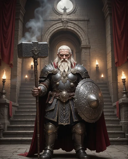 The image portrays a commanding and regal warrior in a richly detailed fantasy setting. The figure stands tall and imposing, exuding authority and strength. His long, snow-white beard is neatly braided, with strands interwoven into intricate plaits, showcasing both his wisdom and cultural heritage. The braiding adds an air of discipline and tradition, emphasizing his distinguished persona. His hair, matching the beard in color, is tied back loosely, cascading slightly behind his head and shoulders. The character wears an ornate grey crown signifying his high status, possibly as a king or noble warrior. His facial expression is intense and resolute, with piercing eyes that convey both wisdom and determination. His chiseled features and furrowed brows suggest a life of experience, battles, and leadership. The armor he dons is an extraordinary masterpiece of craftsmanship. Made of intricately engraved grey geometric steel, it is layered with square motifs and patterns an runes, blending utility with aesthetic grandeur. The chest piece is robust and adorned with ornate designs that interlock, accentuating his royal and battle-hardened demeanor. His shoulders are protected by massive pauldrons that match the rest of the armor in detail, and they extend outward with ridged edges, emphasizing his imposing stature. Around his waist, a wide leather belt with a large, intricately designed buckle secures the armor, while several small pouches and decorative elements hang from it, suggesting readiness for both combat and leadership. The warrior grips a massive, massive double-headed battle hammer like Thors hammer in his right hand, the weapon clearly a symbol of his strength and authority. The hammers The head of the weapon is ornately decorated, featuring . The handle is long, sturdy, and metal , ending in a pommel that matches the ornate aesthetic of his overall ensemble. He also holds ((Very Large big huge)) ((((rectangular)))) angular shield, like a Roman Scutum, it has a boss, a bulge on the front made out of iron or bronze. The setting further emphasizes the grandeur and mystique of the character. He stands in what appears to be an ancient, stone-built throne room or ceremonial hall. The backdrop features arched doorways and decorative pillars, with warm torchlight casting flickering shadows across the stone walls. The torches are mounted in iron sconces, their flames adding a golden glow to the scene. a cave and waterfall behind the figure in the background lend a sense of otherworldly majesty and mystery to the environment. Overall, the image depicts a legendary warrior-king, whose braided white beard, majestic armor, and commanding presence evoke both reverence and awe. This is a figure who symbolizes power, wisdom, and an indomitable spirit, standing at the nexus of history, myth, and destiny. This image depicts a formidable medieval dwarf warrior clad in heavy, intricate plate armor with a distinctly dark and imposing aesthetic. The artwork appears to be a detailed illustration rendered in monochromatic tones, primarily using blacks, grays, and subtle metallic highlights. The warrior's most striking feature is their helmet, which features a distinctive design reminiscent of early medieval great helms but with added complexity. The helmet has a T-shaped visor with angular, aggressive lines and additional protective plates that give it a menacing appearance. Various geometric patterns and reinforced ridges are incorporated into the helmet's design, suggesting both decorative and functional purposes. The armor itself is a masterwork of layered plates and interlocking segments. The chest piece consists of multiple overlapping plates with geometric patterns and angular designs that echo throughout the entire suit. The shoulders are protected by large pauldrons with sharp, aggressive angles and decorative ridging that matches the overall aesthetic of the armor. The arm protection includes detailed vambraces and couters (elbow protection) that maintain the same geometric motif. Below the waist, the warrior wears a coat of scale mail that resembles a skirt or tasset. This piece is particularly detailed, showing individual scales arranged in overlapping rows, creating a flexible but highly protective layer. The legs are protected by greaves that continue the angular, geometric design language of the upper armor. The warrior's stance is powerful and grounded, suggesting both strength and stability. They are wielding a distinctive weapon that appears to be a war hammer or pole weapon with spikes on both ends. The weapon's design matches the armor's aesthetic, featuring geometric shapes and angular construction. The warrior holds this weapon with both hands in a ready position, suggesting combat preparedness. The entire ensemble is colored in various shades of black and dark gray, with lighter highlights that emphasize the metallic nature of the armor and create depth in the illustration. The shading and detail work is particularly notable in how it brings out the various textures of the different armor components – from the smooth, polished surfaces of the plate armor to the rougher, more textured appearance of the scale mail. The overall design suggests a fusion of historical medieval armor with a fantasy or dark fantasy aesthetic. While the basic components of the armor (helmet, breastplate, pauldrons, etc.) are grounded in historical armor designs, the specific styling and exaggerated elements push it into a more fantastical realm. The aggressive angles, elaborate geometric patterns, and imposing silhouette create an intimidating presence that would be at home in a dark fantasy setting or video game. The illustration style itself is highly detailed and technical, almost like a character concept art piece, with careful attention paid to how each piece of armor would theoretically connect and function. The linework is precise and clean, while the shading adds depth and dimensionality to the figure. Despite the complexity of the armor, the composition remains clear and readable, with a strong sense of the overall silhouette and character design.