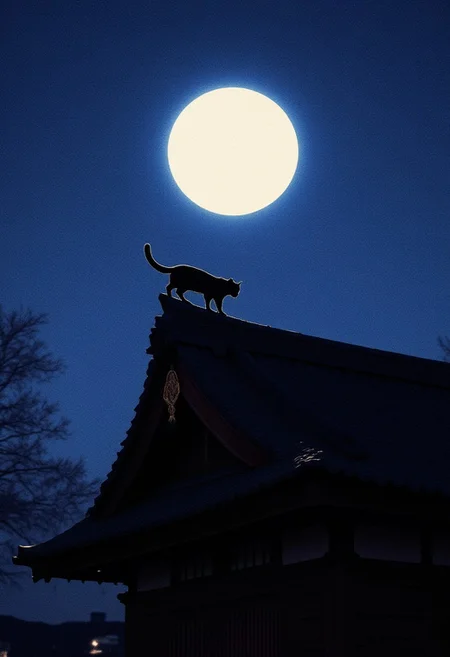A silhouette of a cat walking on the top of a roof. Japanese architecture. Night. Moonlight
Cinematic lighting, volumetric lighting, 8k quality