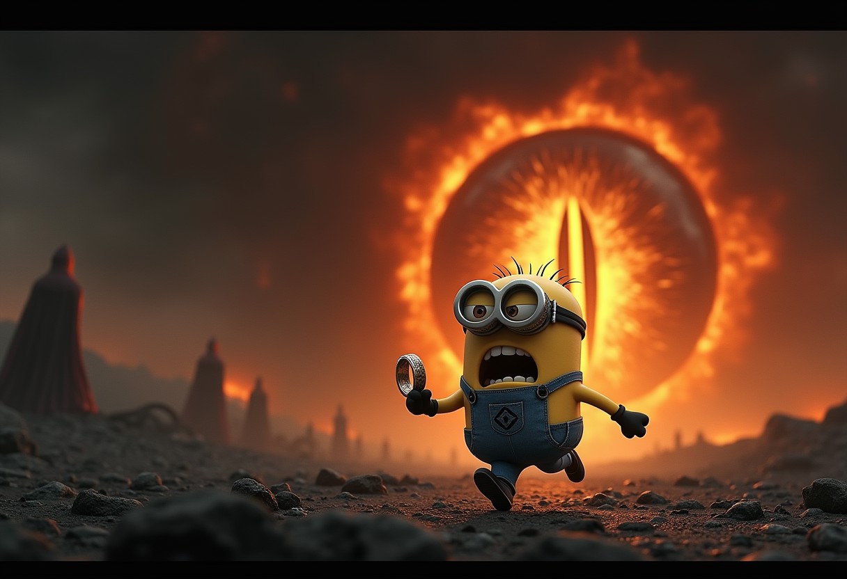 a photorealistic image of a Minion from Despicable Me, holding the One Ring in one hand and running in panic through a dramatic, dark landscape. The Minion's expression should show sheer terror as it flees. Behind the Minion, depict a large, fiery eye with a vertical slit pupil, surrounded by swirling dark clouds and emitting an intense, menacing glow. The atmosphere should be foreboding, with hints of ash and shadowy figures in the background. Ensure the landscape enhances the sense of urgency and danger