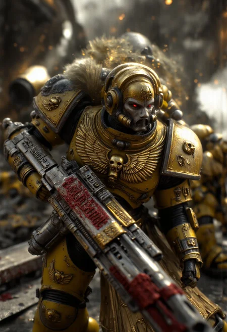 space marine holding a gun with "NEED BUZZ" etched into the side. or with a sign saying "NEED BUZZ" written in blood.