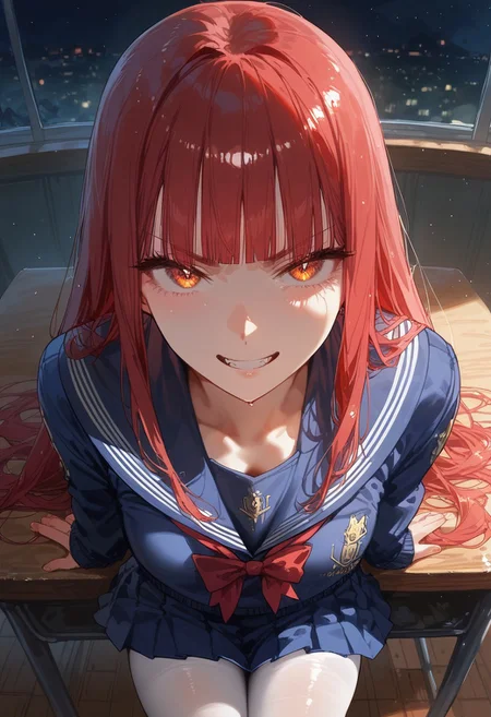 score_9, score_8_up, score_7_up, score_6_up, score_5_up, score_4_up, source_anime,
masterpiece, detailed, detailed body, 
, 
volumetric lighting, vibrant colors, light particles, godrays, warm light, 1dk, Expressiveh
girl, solo, ),  ,  sitting on desk,
  full body,, shiny, shiny skin, skindentation, 
 <lora:zs_SahoriXL_1:1> sahorismtv, long hair, blunt bangs, red hair, blue serafuku, long sleeves, blue skirt, white pantyhose, night, school classroom, evil grin,looking at viewer, from above,  
 Expressive eye,
Expressionless,