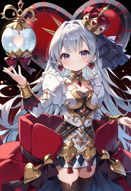 (score_9:0.9),score_8_up,score_7_up,rating_safe,anime style,(zPDXL),(zPDXL3),<lora:MALICE Queen Hearts of Crypter ponyXL v1:0.76>,mâlice queen hearts of crypter, 1girl, solo, red crown, looking at viewer, heart earrings, multicolored dress, metal orb, chibi, heart halo