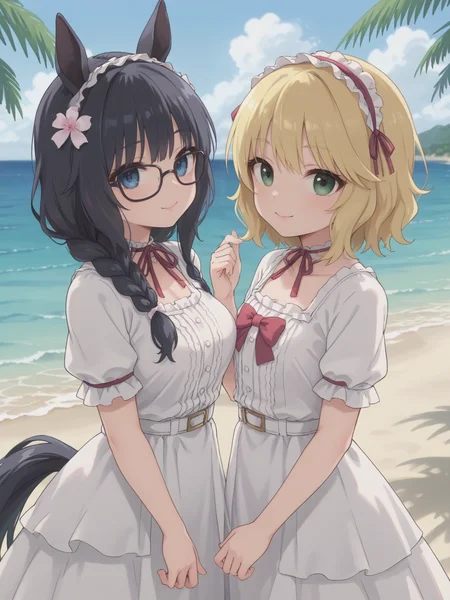 score_9, score_8_up, score_7_up, BREAK 2girls, portrait, from front, looking at viewer, smile, ocean, beach, palm trees, cloud, blue sky,
white dress,
ADDCOMM
1girl,
ZennoRobRoy, horse girl, horse ears, horse tail, jitome, tareme, black hair, braid on bangs, hair flaps, sidelocks_on_ribbons, bangs, single braid, horizontal braid bangs, flower hair ornament, black boston glasses, (blue eyes), large breasts, covered ears, hair covering ears,
ADDCOL
1girl,
sakurai momoka, blonde hair, green eyes, bangs, short hair,wavy hair,
<lora:sakuraimomoka_pony_v1_1:0.6> <lora:sdxl-um-zennorobroy:0.8> , <lora:neg4all_bdsqlsz_xl_V91:1>, <lora:hand 4:1> Hand, five fingers,