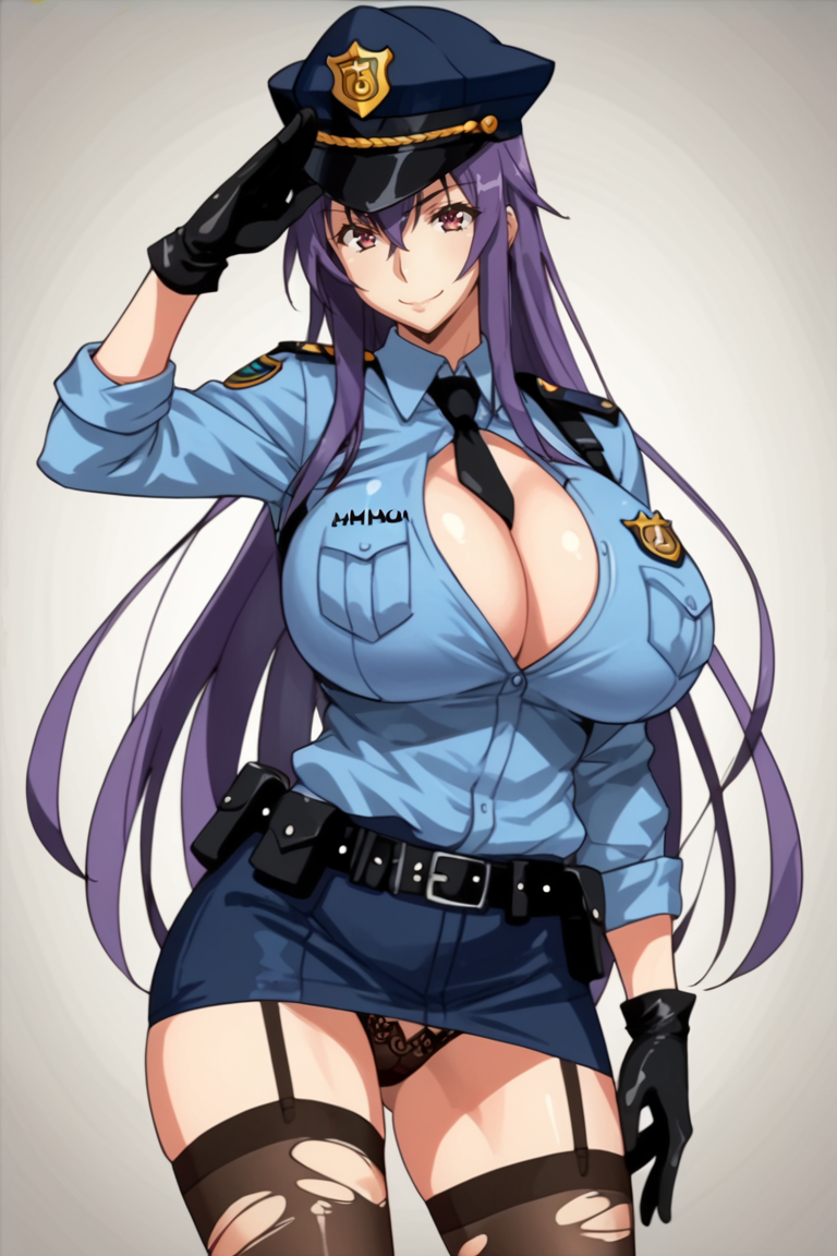 score_9, score_8_up, score_7_up, score_6_up, score_5_up, score_4_up, source_anime, mio hayasaki, 1girl, 
, breasts, solo, , police uniform, huge breasts,, policewoman, police,  , uniform, purple hair, , gloves, thighhighs, hat,, smile, torn pantyhos, long hair, salute, lace panties<lora:EMS-468954-EMS:1.000000>