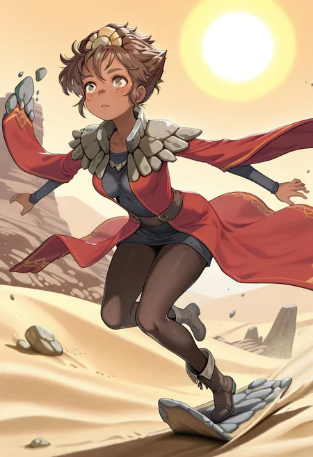 score_9, score_8_up, score_7_up, score_6_up,high quality,masterpiece,uhd,dramatic effect,cinematic effect, soonstyle, mature, medium breasts,
T4liy4h, rock collar, brown hair, dark skinned, red robe, pantyhose, rock crown, undershirt, boots, brown eyes, freckles, sand surfing, desert, flying rocks, sand, sun, pebbles,