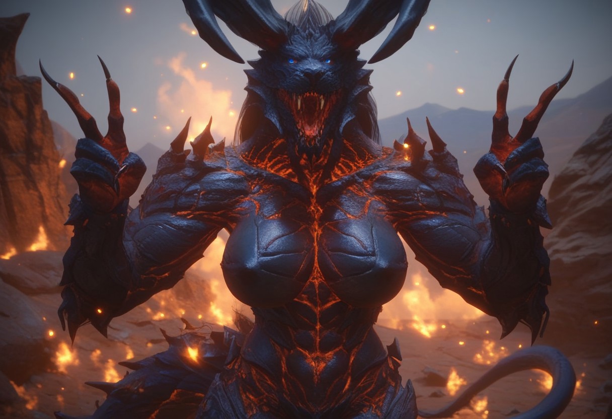 score_9, score_8_up, score_7_up, 1girl, solo, expressiveh, (IfritFF16, anthro, Fire Elemental, Tail, Demon, Blue Eyes, Black Body, Horns, crossgender, rule 63, teeth, fangs, big breasts), looking at viewer, smile, open mouth, claws, peace sign, double peace, mountaintop, gravel, rocks, daytime, sunny, claws, cowboy shot, standing, detailed background, 4k, masterpiece, best quality, highly detailed, realistic