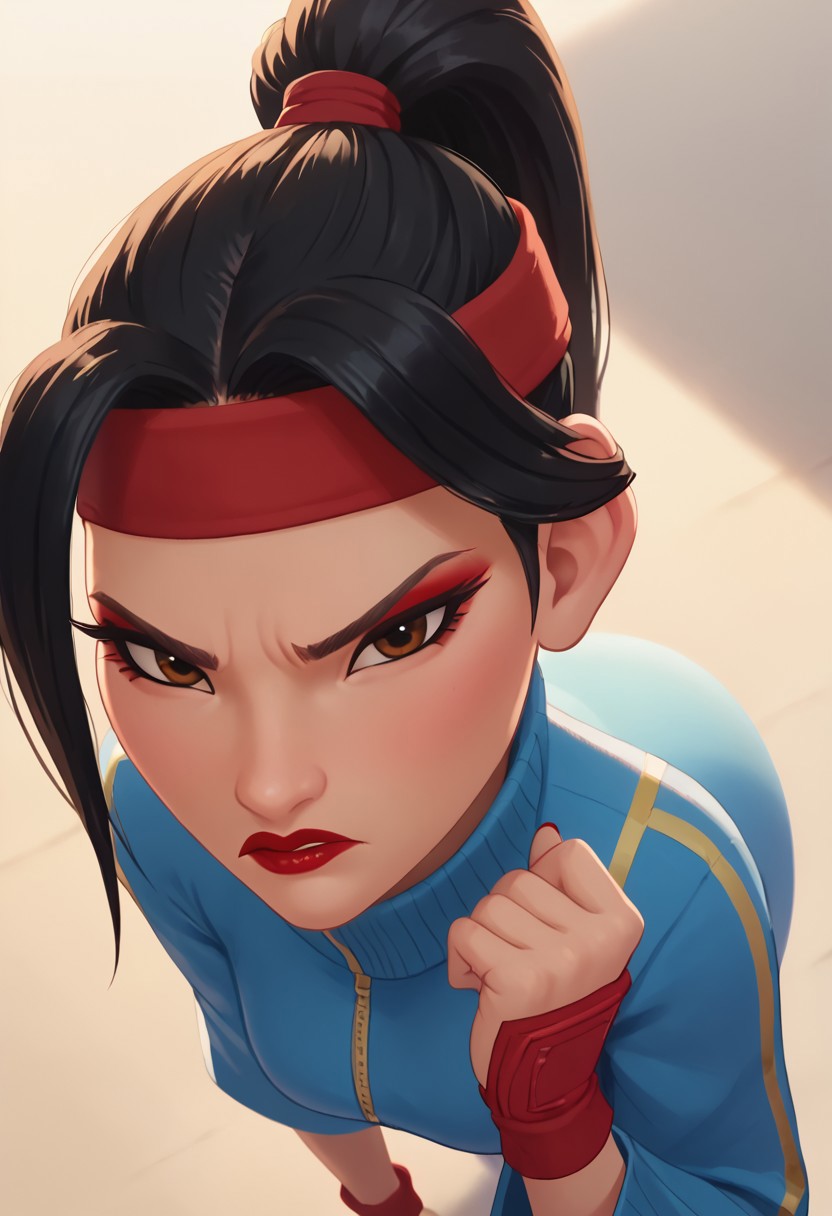 score_9, score_8_up, score_7_up, ultra quality, solo, 1girl, chang'e_tt, 1girl, asian, high ponytail (black hair, red headband), big eyelashes, brown eyes, makeup, red eyeshadow, red lipstick, red nails, red wristbands, blue track jacket (turtleneck, wide sleeves), light blue spandex, angry, pouting, big hips, big butt, bubble butt, breasts, narrow waist, curvy, score_9, score_8_up, score_7_up, score_6_up, looking at the viewer, standing, close up, view from above, face focus, screencap
