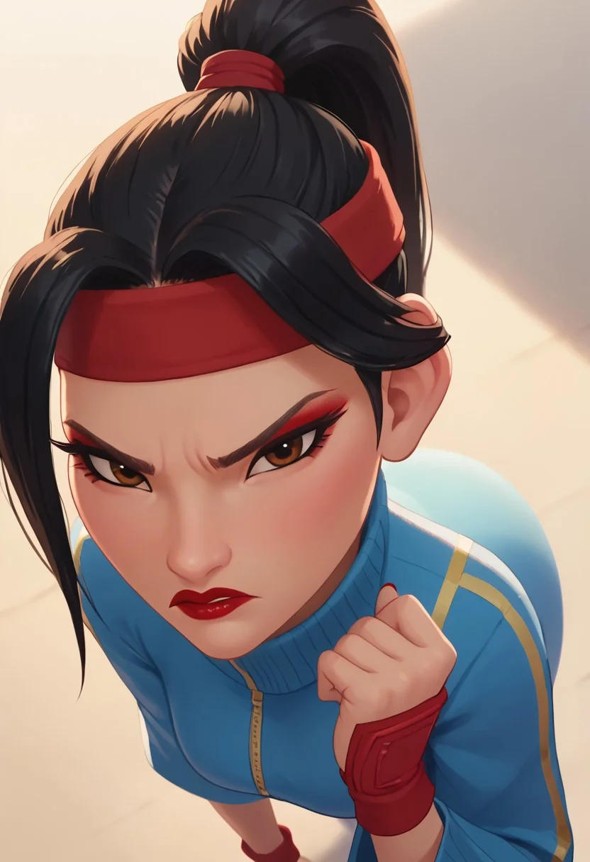 score_9, score_8_up, score_7_up, ultra quality, solo, 1girl, chang'e_tt, 1girl, asian, high ponytail (black hair, red headband), big eyelashes, brown eyes, makeup, red eyeshadow, red lipstick, red nails, red wristbands, blue track jacket (turtleneck, wide sleeves), light blue spandex, angry, pouting, big hips, big butt, bubble butt, breasts, narrow waist, curvy, score_9, score_8_up, score_7_up, score_6_up, looking at the viewer, standing, close up, view from above, face focus, screencap
