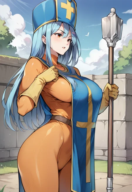 score_9, score_8_up, score_7_up, score_6_up, score_5_up, score_4_up, masterpiece, best quality, BREAK,
1girl, outdoors, <lora:Priest_dq3:1> priest_(dq3), long hair, large breasts, aqua hair female, mitre, hat, orange bodysuit, gloves, tabard, mace