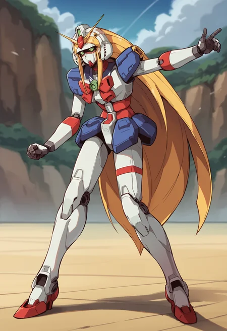 score_9, score_8_up, score_8, source_anime, <lora:NobelGundamF:0.85> solo, robot, mecha, green eyes, no humans, long hair, very long hair, blonde hair, v-fin, bow, red bow, looking at viewer, full body, action pose,
(grasslands background), blurry background,