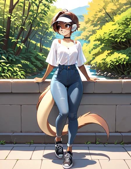masterpiece, best quality, very aesthetic, absurdres,
outdoors, casual, 
full body, posing, 
smile, parted lips, long eyelashes, 
<lora:Mikhaila_v01_NAIXL:1>
M1k4a11a,1girl,solo,furry,furry female,short hair,brown hair,brown eyes,animal nose,choker,body fur,brown fur, tail,