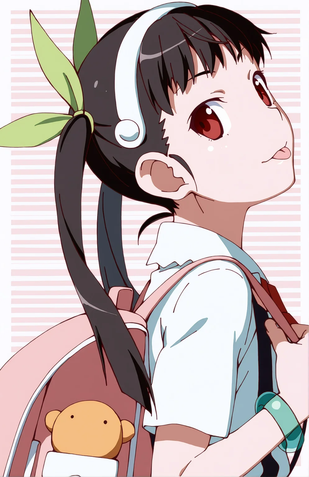HachikujiMayoi. 1girl, solo, black hair, red eyes, twintails, hair band, green hairbow, white shirt, short sleeves, bag, bracelet, backpack, suspenders, standing, side view, portrait, looking at viewer, :P