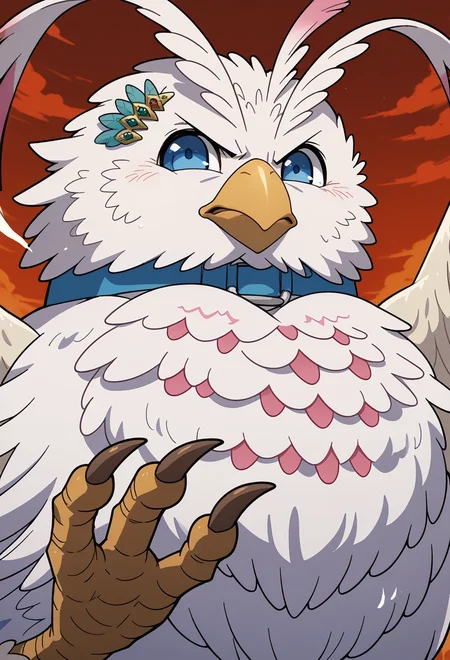score_9, score_7_up, source_anime, <lora:AEFiloPony:1> BREAK
AEFiloBird, animal, beak, bird, blue collar, blue eyes, hairclip, talons, white feathers, wings, angry, red sky,