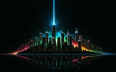 professional 3d model a bright-bold-laser-laser strikes a prism that scatters the spectrum of light outward in bold flares of colored light that create a vector cityscape of new york skyline,negative space imagery,deep blacks,<lora:- SDXL - vant_blk_contrast_V2.0:0.95>,dark room, . octane render, highly detailed, volumetric, dramatic lighting