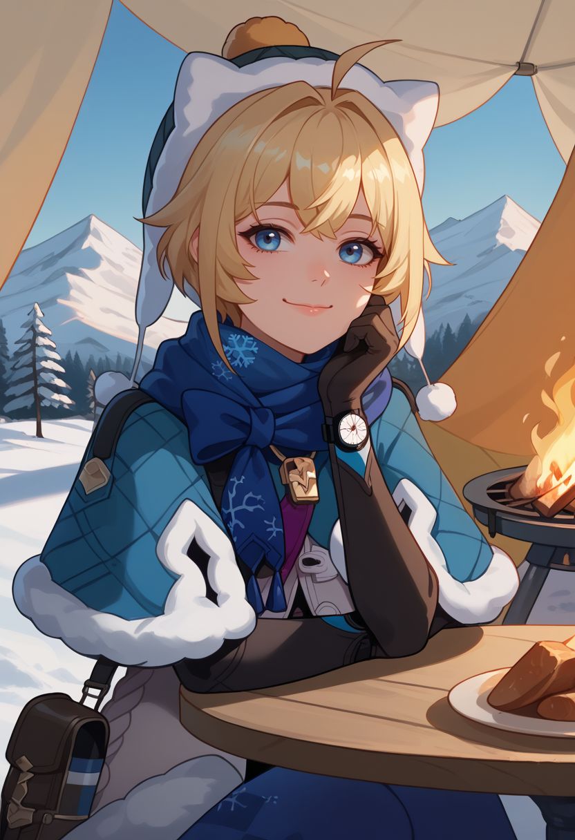 score_9, score_8_up, score_7_up, source_anime, 1girl, lynxlandaudef, 1girl, blue eyes, blonde hair, short hair, ahoge, hat, blue scarf, fur trim, fur-trimmed capelet, blue capelet, white jacket, winter clothes, blue pantyhose, snowflake print, black elbow gloves, watch, fur-trimmed boots, bag, can, sitting, on chair, table, head rest, smile, closed mouth, looking at viewer, portrait, close-up, upper body, facing viewer, campfire, tent, outdoors, snow, mountain, <lora:LynxLandau_v1-000010:1>
