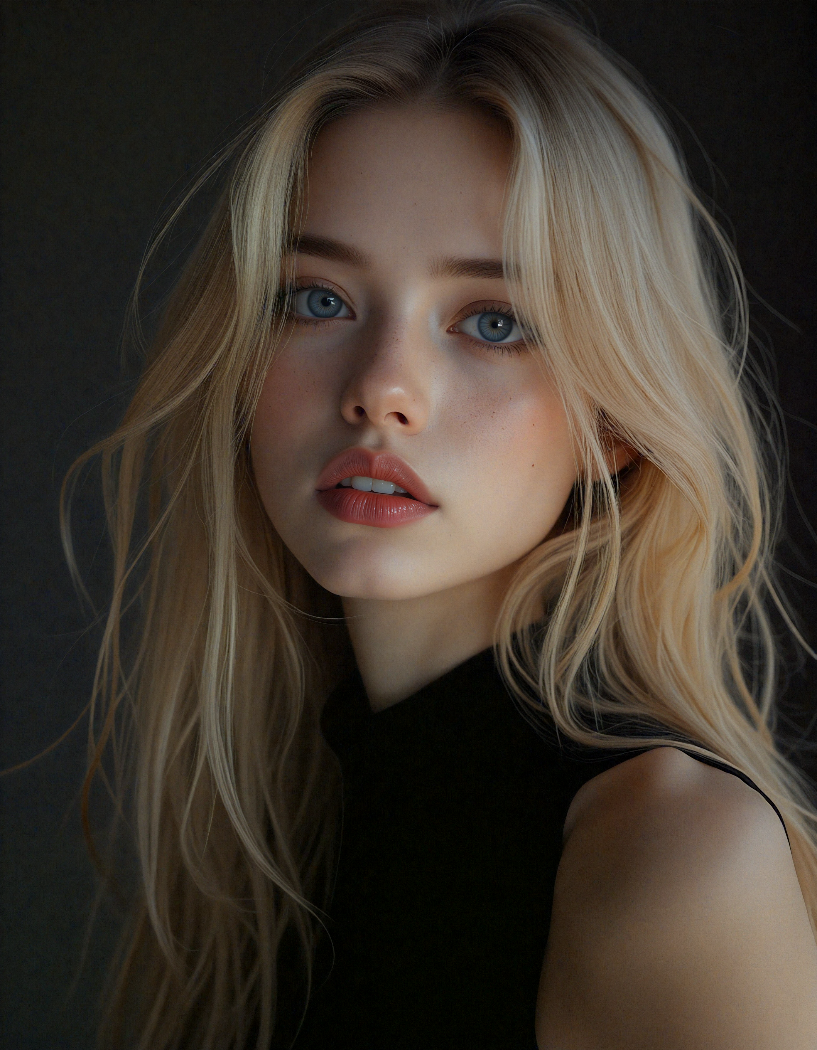 hyperrealistic art (dark mood masterpiece Photography:1.2), portrait of a mysterious woman with blue eyes and bold eyeliner looking seductively, smirking, naughty expression, long wavy blonde hair. The extreme realism focuses on her detailed skin, showing fine textures and natural highlights. photography masterpiece, modern, irresistible beauty, fuzzy lighting, dark mood, unusual composition, use of negative space, (rule of thirds composition), simmetry , mysteriouse, emotional, flirting, (fine erotic content:0.65), groundbreaking unrivaled opus with unrivaled details, (Medium Brown color scheme), highly detailed, melancholic, low-light hyper detailed photography, catchlights, from below, cinematic shot,medium close-up,style by joram roukes,canon 5d mark 4,warm sunset glow . extremely high-resolution details, photographic, realism pushed to extreme, fine texture, incredibly lifelike