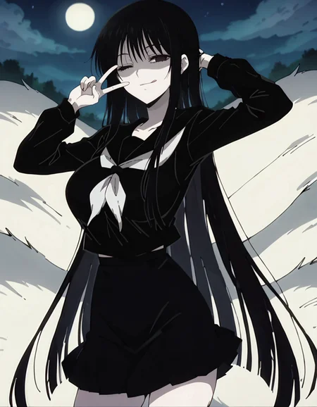 score_9,score_8_up,score_7_up,score_6_up,score_5_up,score_4_up,1girl,<lora:hagoromogitsune:0.9> hagoromogitsune,shaded face,monochrome girl,empty eyes,black hair,pale skin,white skin,very long hair,large breasts,one eye closed, smile,looking at viewer,school uniform,black serafuku,serafuku,black shirt,black skirt,arm up,tongue out,peace sign,night,outdoor,anime screencap