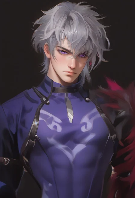 1boy, solo, male focus, slim toned male, moze_(hsr), moze, grey purplish hair, wolfcut hair, bangs between eyes, pale skin, purple eyes, slim face, detailed eyes, confident,
(white background:1.1), detailed light, light on hair, glowing, close up,
sleeveless, patterned top, looking at viewer, front view, relax, pectorals, abs, big chest, big thigh,
rating PG, score_9,score_8_up,score_7_up, source_anime, male focus, manly, tall, detailed eyebrow, sharp eyebrows, focus on thigh, thigh focus, random view, muscular, hung