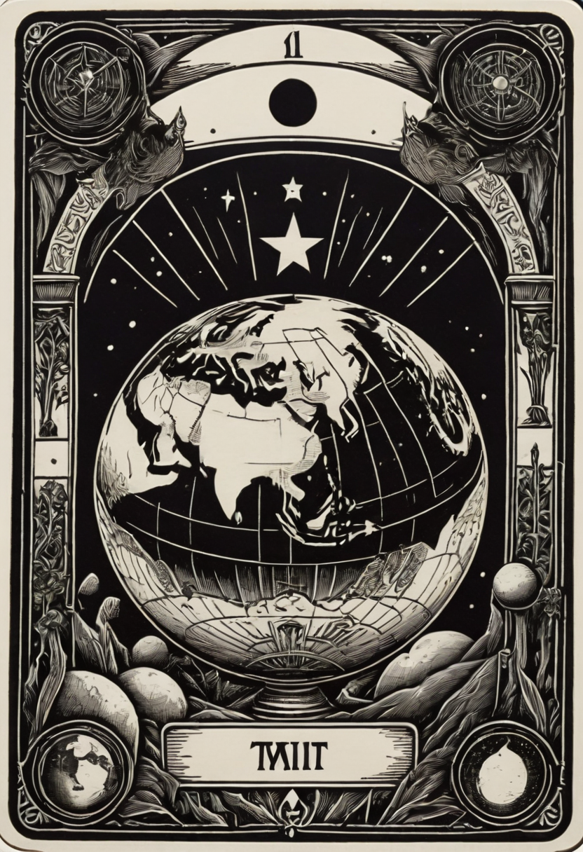tarot_card, WORLD, front perspective, flat, frame,( square:1.1), (white outline:1.2)  <lora:tarot_card:1>