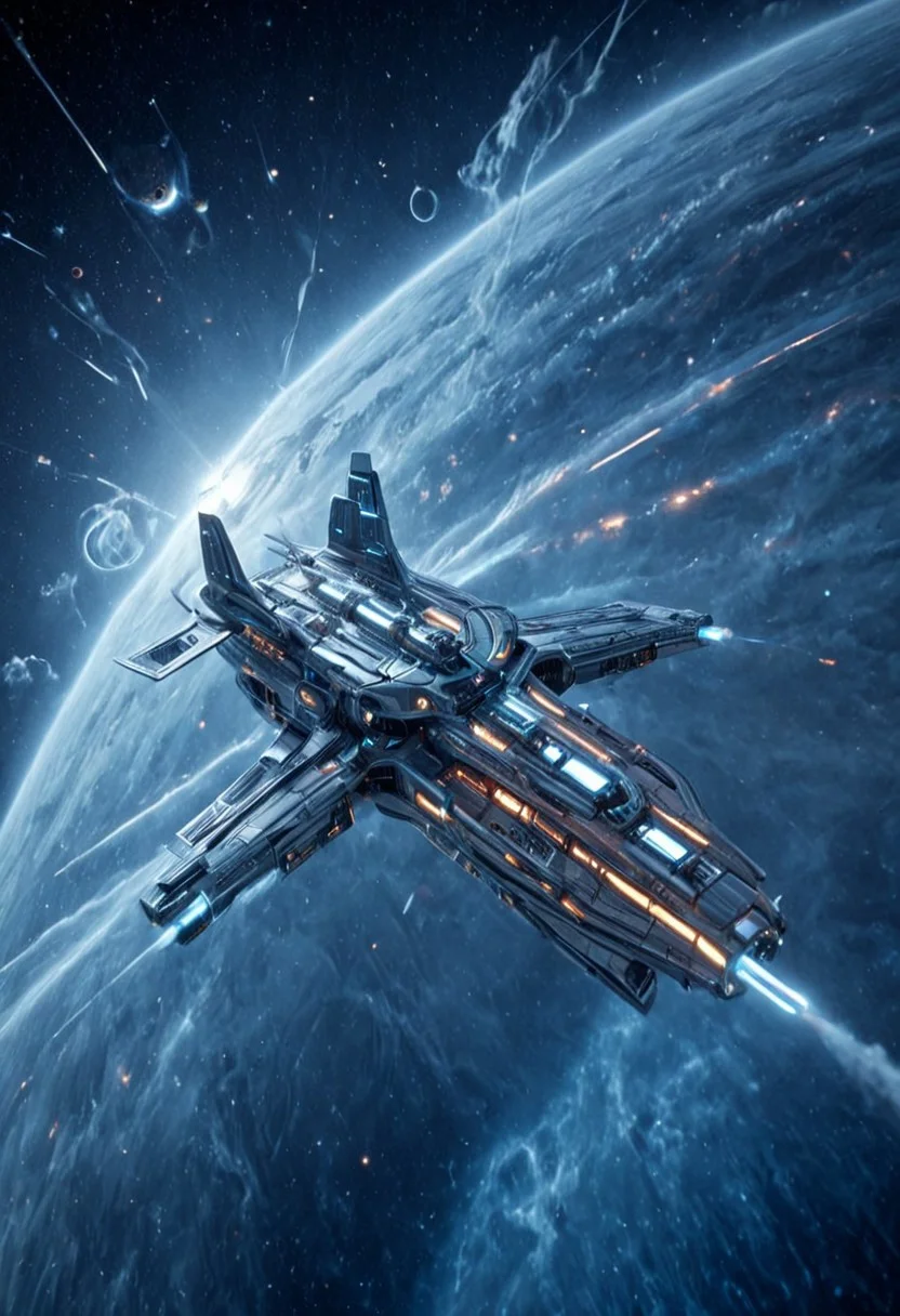 h0rr0rstyl3, CosmicStyle, mid-range orbital shot, sleek chrome spacecraft, corporate-controlled patrol vessels, retrofuturist designs, Cold War-era lines blended with alien engineering, rotating gravity rings, dynamic thruster arrays, flaring blue exhaust trails, soft-glow lighting under sensor domes, neon-coded serial markings, symmetry, drifting past swirling nebula, interstellar corporate security, industrial sci-fi aesthetics, clean paneling with minimal distress, silent formation flight, strategic surveillance positions, dusk-light horizon shimmer